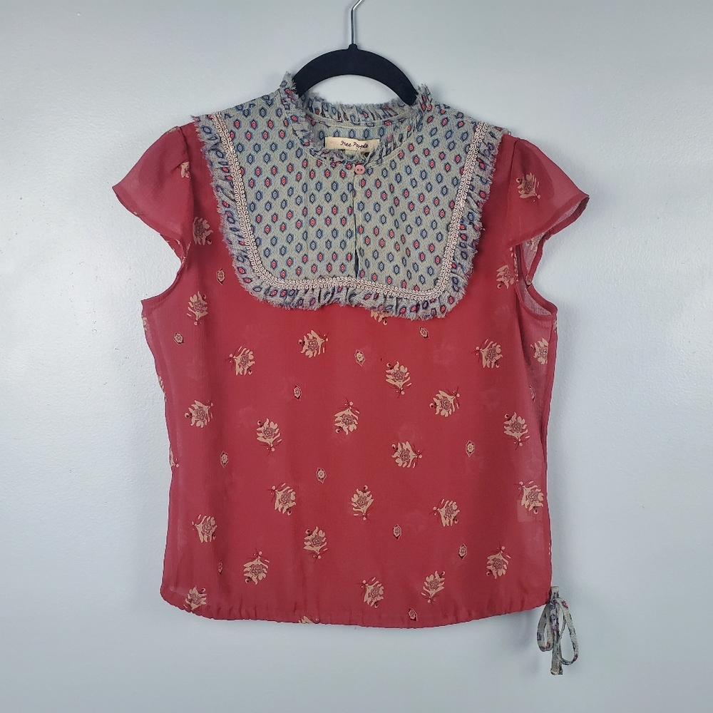 Free People mock neck drawstring waist sheer cap sleeve top Size M